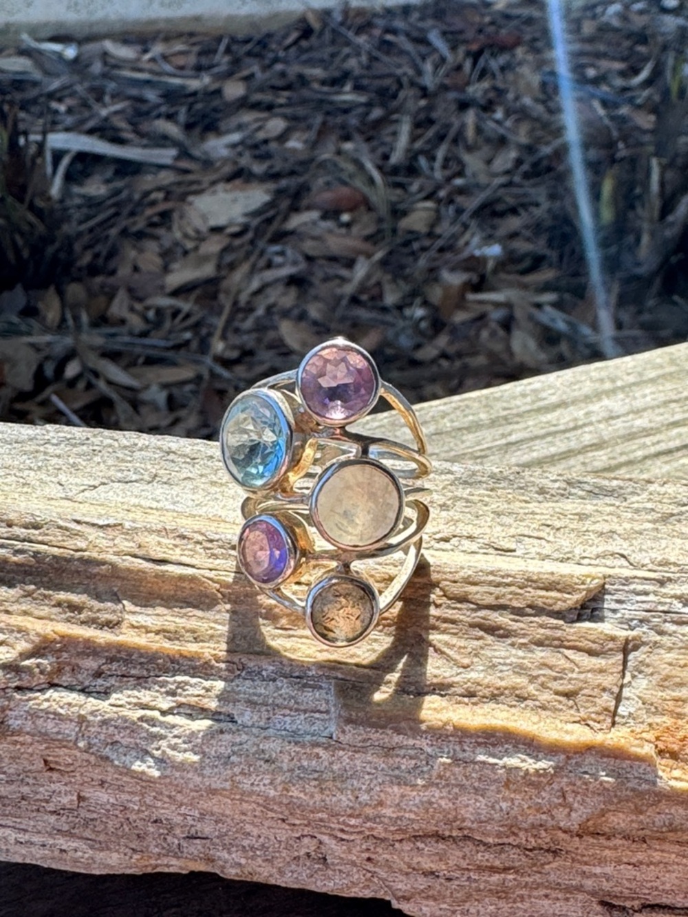 Sterling Silver Ring with Labradorite Moonstone Blue Topaz and Amethyst